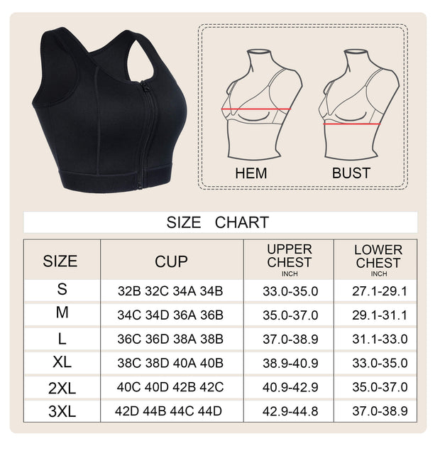 High Impact Workout Sports Support Bra Full Cup Top Vest with Front-Zipper Wirefree for Women Fitness