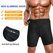 A men show that  this boxer shorts waist interior uses a anti roll up silicone