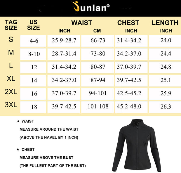 Junlan Women Sweat Heat Zipper Sauna Long Sleeve Size Chart