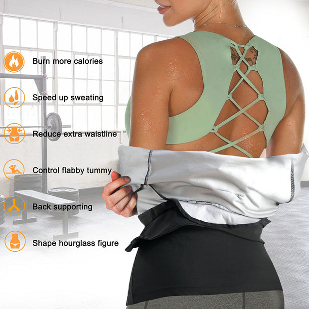 a women wear sauna jacket showing her shoulder and back sweat 